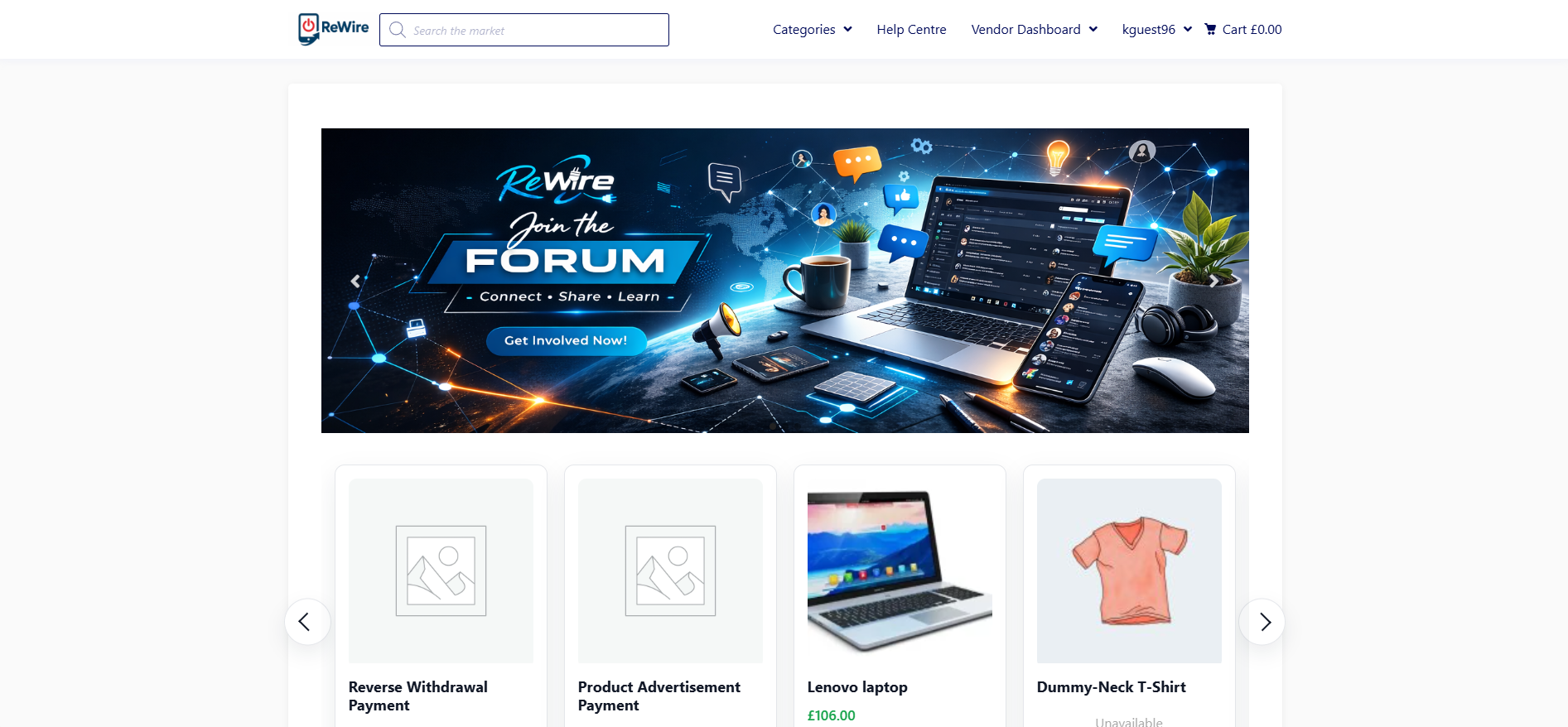 Project Rewire front page displaying items for sale